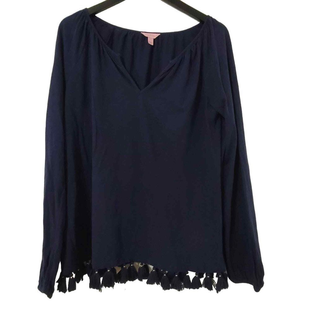 Lilly‎ Pulitzer Linzy Blouse Tassel Hem Navy Blue Cotton Bohemian Prep Relaxed S